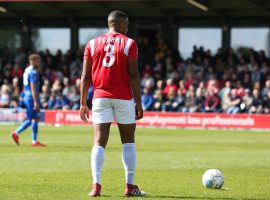 Salford City defender Ibou Touray in action. Credit: Charlotte Tattersall - Salford City)