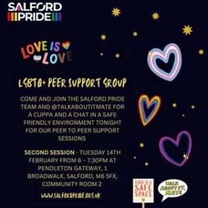 A poster for the support group being held by Salford Pride