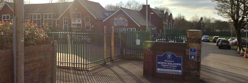 North Walkden Primary school ( Google images: https://www.google.com/maps/@53.5340921,-2.4006402,3a,75y,275.47h,78.99t/data=!3m6!1e1!3m4!1sdUouE37iYJVJQIbqWkew9Q!2e0!7i16384!8i8192?entry=ttu)