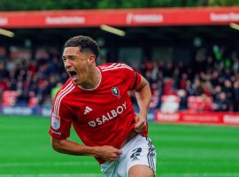 Ethan Ingram celebrating his goal against Swindon. Credit: Salford City FC