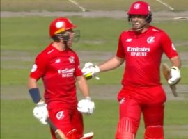 Image: Luke Wood hits Tom Taylor for six to win the match for Lancashire