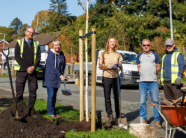 Photo L to R: Paul Jones, Environmental Co-ordinator, Salford City Council,  Cllr Hamilton, Executive Support Member for Climate Change, Low Carbon and Green Agenda, Salford City Council, Grace Lee, City of Trees, a local resident, Cory, Groundwork Landscapes. Credit: Salford City Council