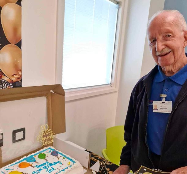 Ted Jones celebrates his 90th birthday after 15 years of volunteering - via Northern Care Alliance NHS Foundation Trust