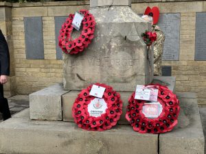 The wreaths at Agecroft War Memorial on Remembrance Day