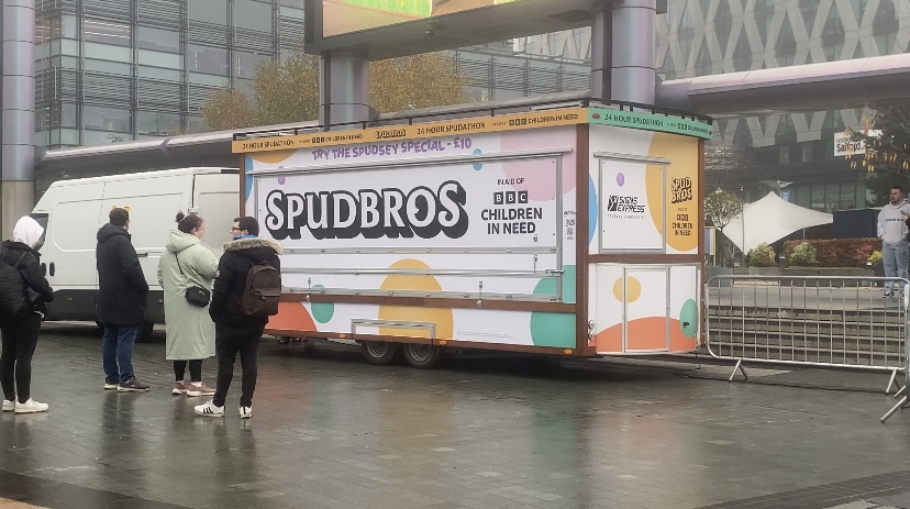 Spud bros' Children In Need stall in MediaCity, taken by Paul Coleman