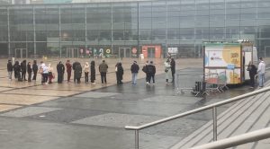 Residents queuing for their own potato from Spud Bros 