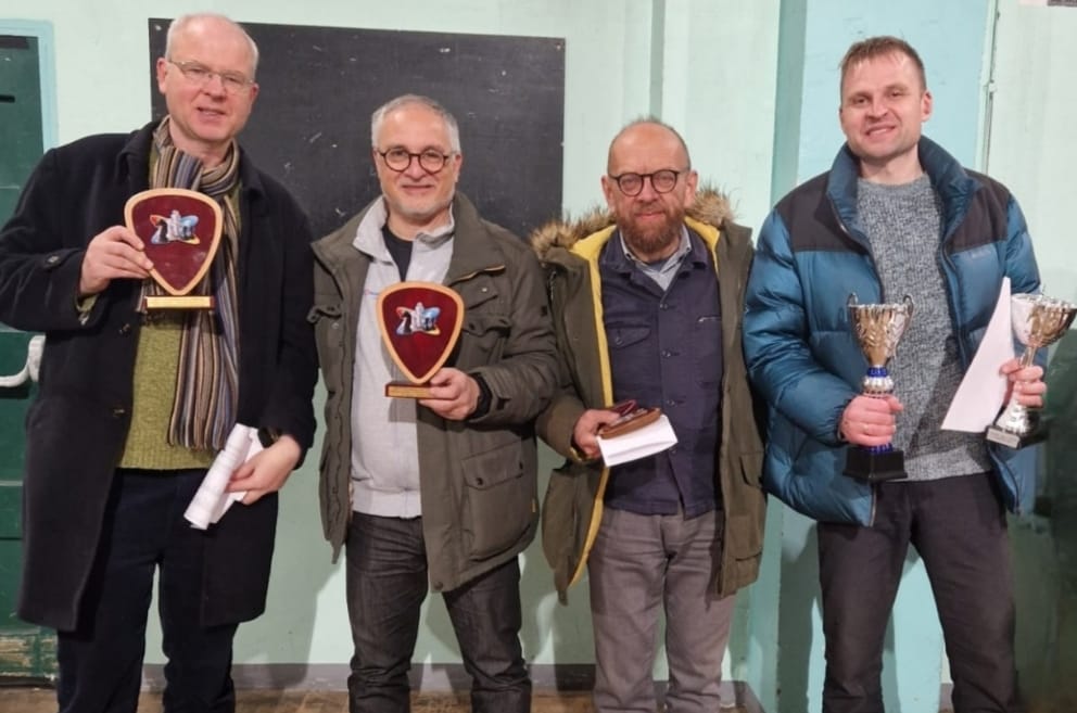 Eccles Chess Club - The image with the four men: Left Martin Mitchell two Italian guys in the middle who came 3rd and 4th Gediminas Sarakauskas on the right