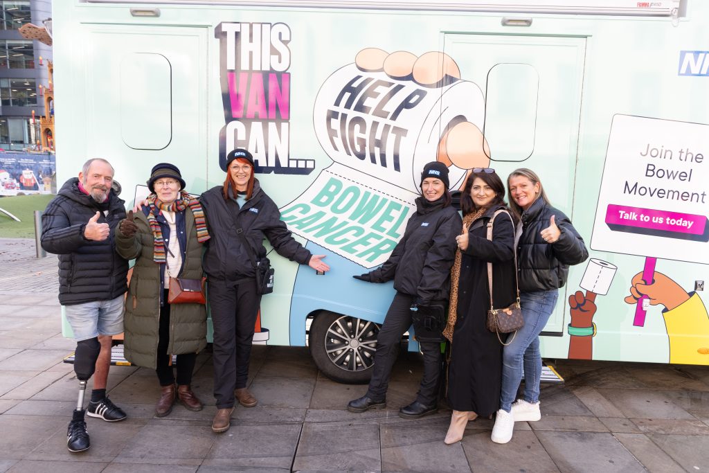 Bowel cancer patients Russ, Sharon, Nabila and Nadine, plus van ambassadors Vanessa and Michaela, with the new NHS bowel cancer awareness van.