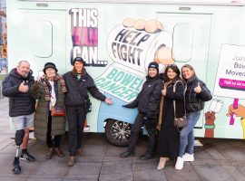 Bowel cancer patients Russ, Sharon, Nabila and Nadine, plus van ambassadors Vanessa and Michaela, with the new NHS bowel cancer awareness van.