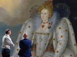 Rich Storton, General Manager of FRAMELESS Creative and Rab MacGibbon, Cross-Collections Curator at the National Portrait Gallery view NPG 2561 Queen Elizabeth I (‘The Ditchley portrait’) by Marcus Gheerats the younger circa 1592 © National Portrait Gallery, London. Credit: FRAMELESS.