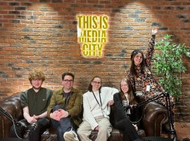 Talented University of Salford graduates producing MediaCity’s first podcast from L-R, James Young , Stephen Chapman - Founder and Creative Director 39 Pictures, Tegan Easton and Lead Producer Meg Bond.