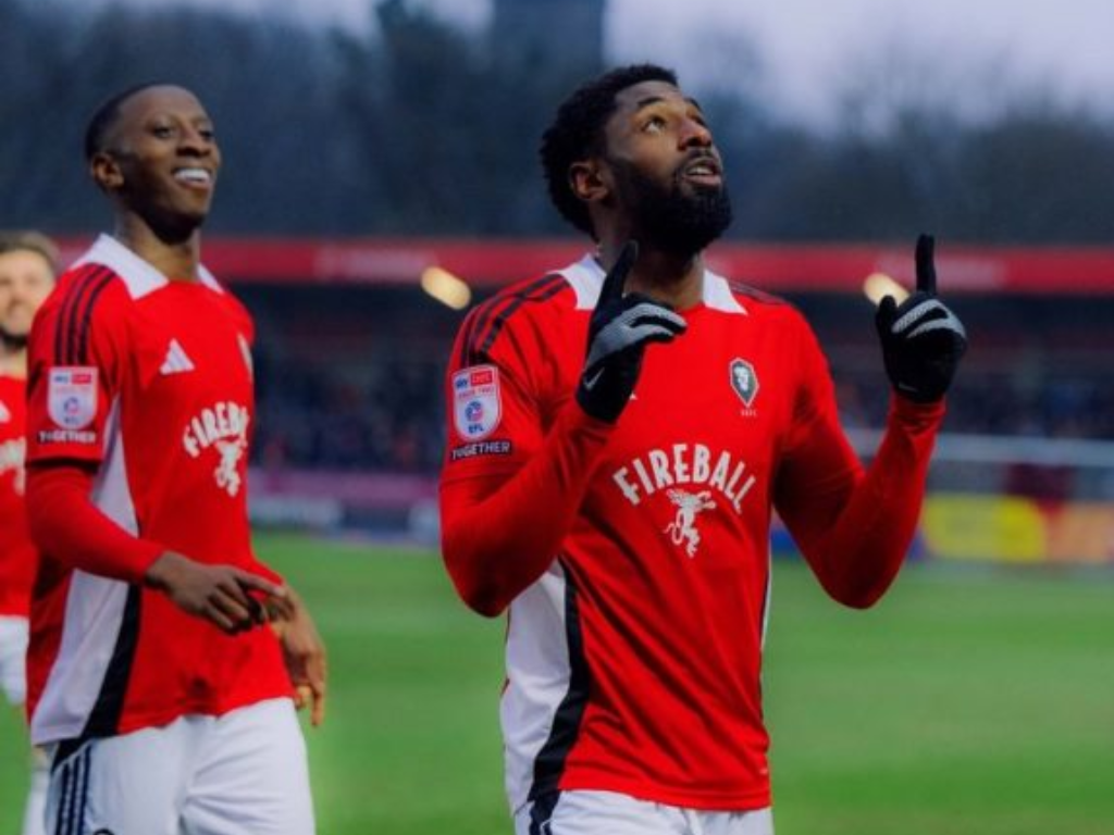 Hakeeb Adelakun celebrates brace against Tranmere Rovers - Salford City