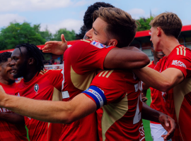 Salford City celebrate Luke Garbutt Goal