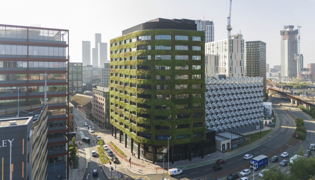 Eden Salford’s 3,300m² living wall helped the building secure the ESG award at the British Council for Offices National Awards 2025. Image credit: ECF.