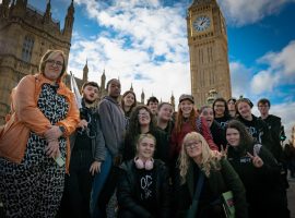 Credit: The Lowry | Steph Green, Creative Learning Producer at Lowry, Jenny Riding Director of Learning & Engagement at Lowry, and young people from Gods of Salford