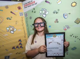 Millie Childs wearing the prototype Rainbow Glasses